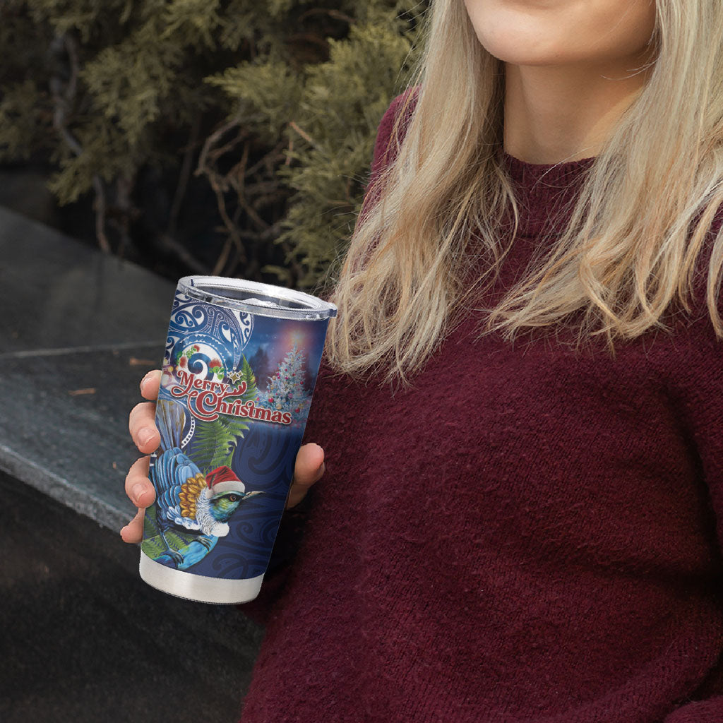 New Zealand Merry Christmas Tumbler Cup Maori Tribal Pattern with Xmas Tui Bird LT03 - Polynesian Pride