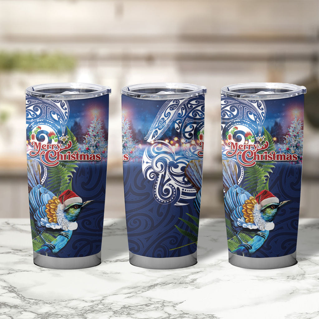 New Zealand Merry Christmas Tumbler Cup Maori Tribal Pattern with Xmas Tui Bird LT03 - Polynesian Pride