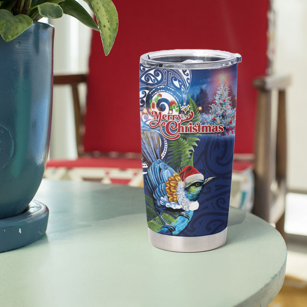 New Zealand Merry Christmas Tumbler Cup Maori Tribal Pattern with Xmas Tui Bird LT03 - Polynesian Pride