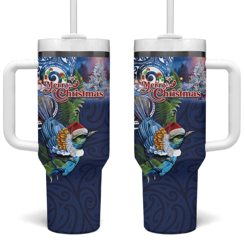 New Zealand Merry Christmas Tumbler With Handle Maori Tribal Pattern with Xmas Tui Bird LT03 One Size: 40 oz Multicolor - Polynesian Pride