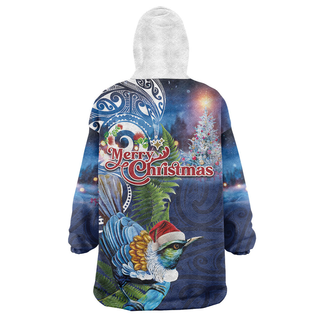 New Zealand Merry Christmas Wearable Blanket Hoodie Maori Tribal Pattern with Xmas Tui Bird LT03 - Polynesian Pride