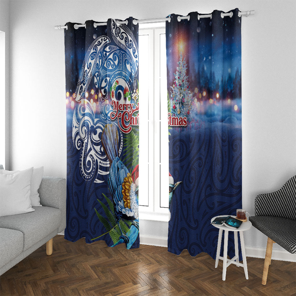 New Zealand Merry Christmas Window Curtain Maori Tribal Pattern with Xmas Tui Bird