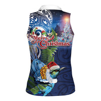 New Zealand Merry Christmas Women Sleeveless Polo Shirt Maori Tribal Pattern with Xmas Tui Bird LT03 - Polynesian Pride