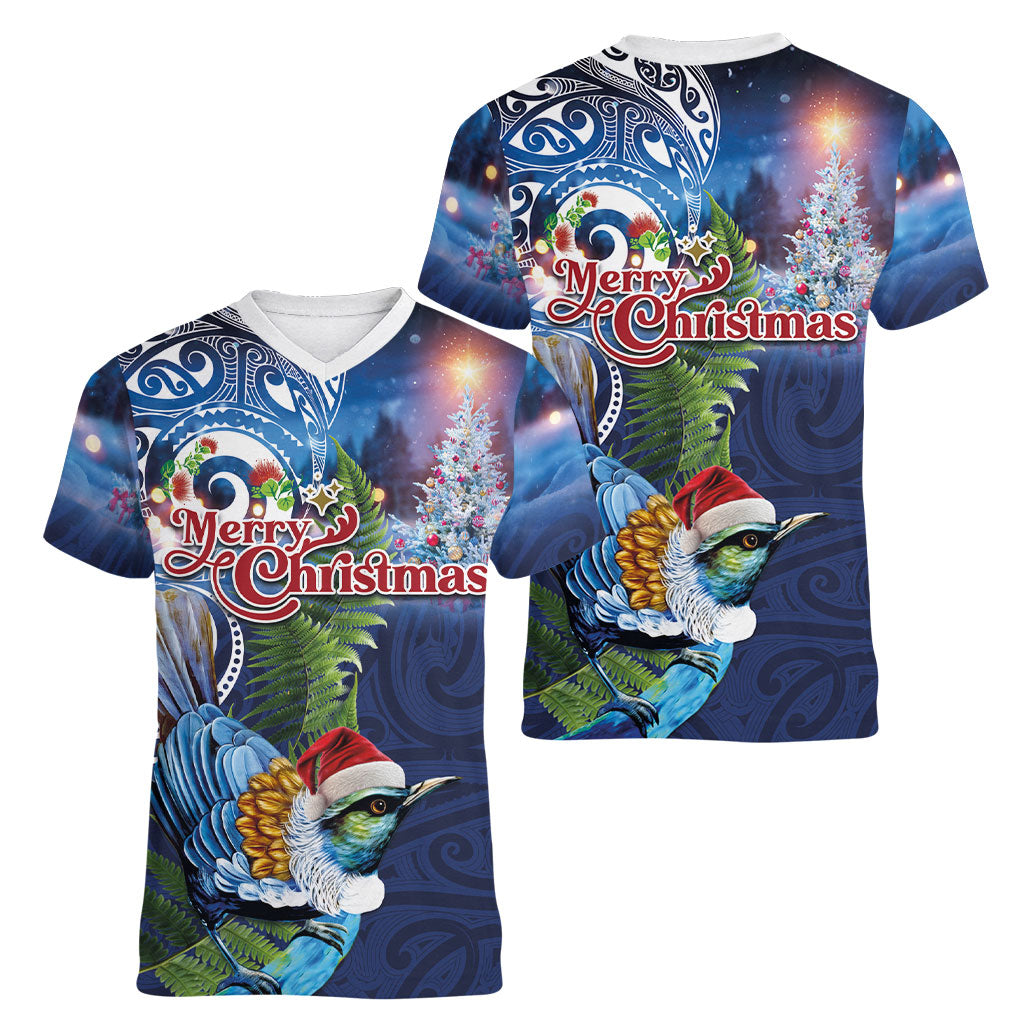 New Zealand Merry Christmas Women V-Neck T-Shirt Maori Tribal Pattern with Xmas Tui Bird LT03 - Polynesian Pride