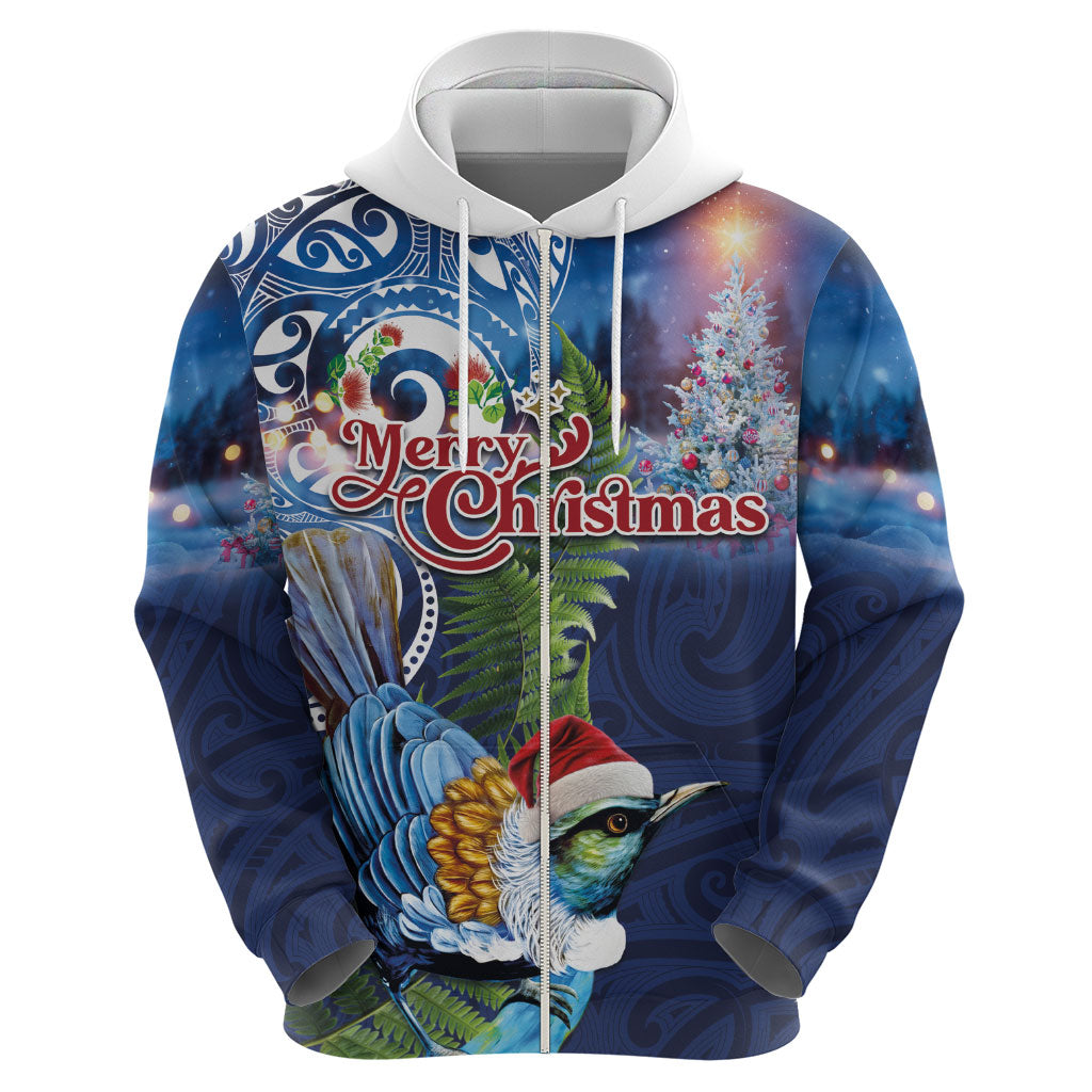 New Zealand Merry Christmas Zip Hoodie Maori Tribal Pattern with Xmas Tui Bird LT03 - Polynesian Pride
