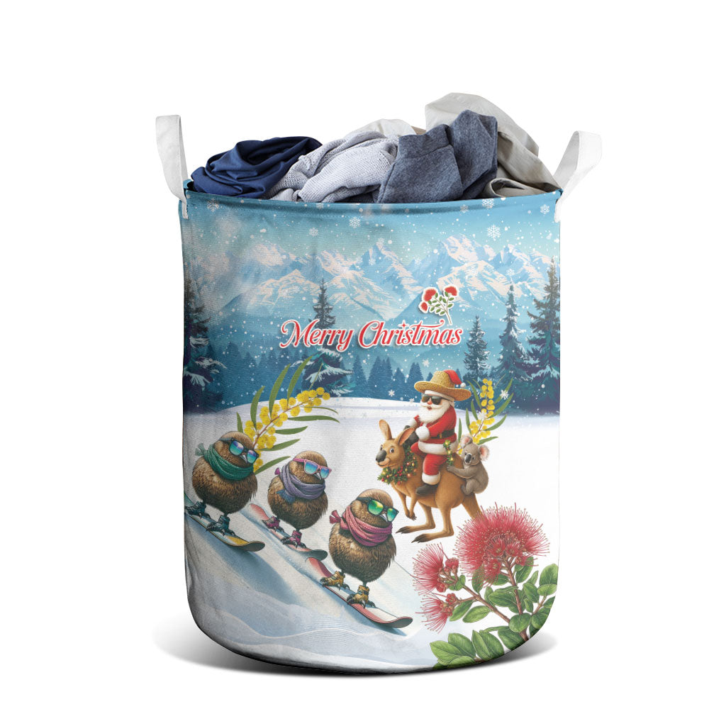 New Zealand and Australia Merry Christmas Laundry Basket Kiwi Birds Skiing and Koala Santa Riding Kangaroo LT03 - Polynesian Pride