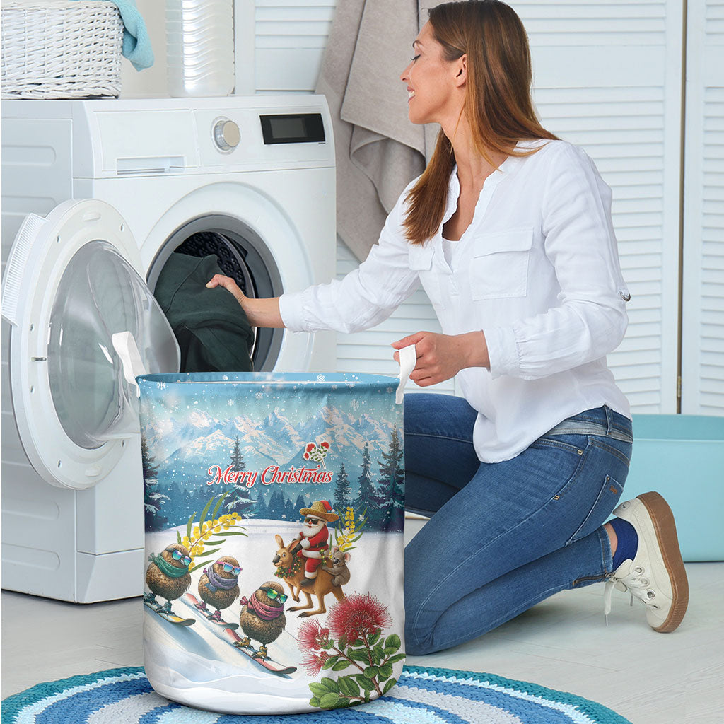 New Zealand and Australia Merry Christmas Laundry Basket Kiwi Birds Skiing and Koala Santa Riding Kangaroo LT03 - Polynesian Pride