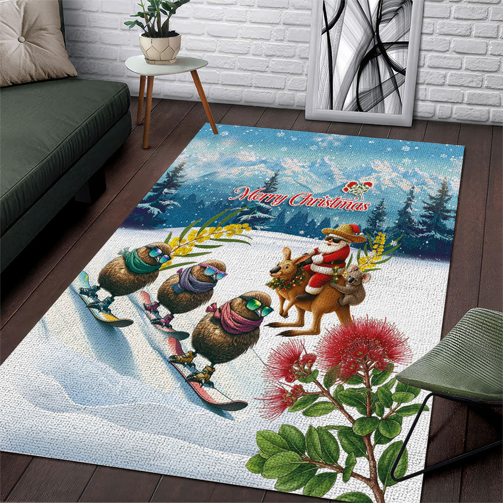New Zealand and Australia Merry Christmas Area Rug Kiwi Birds Skiing and Koala Santa Riding Kangaroo LT03 Multicolor - Polynesian Pride