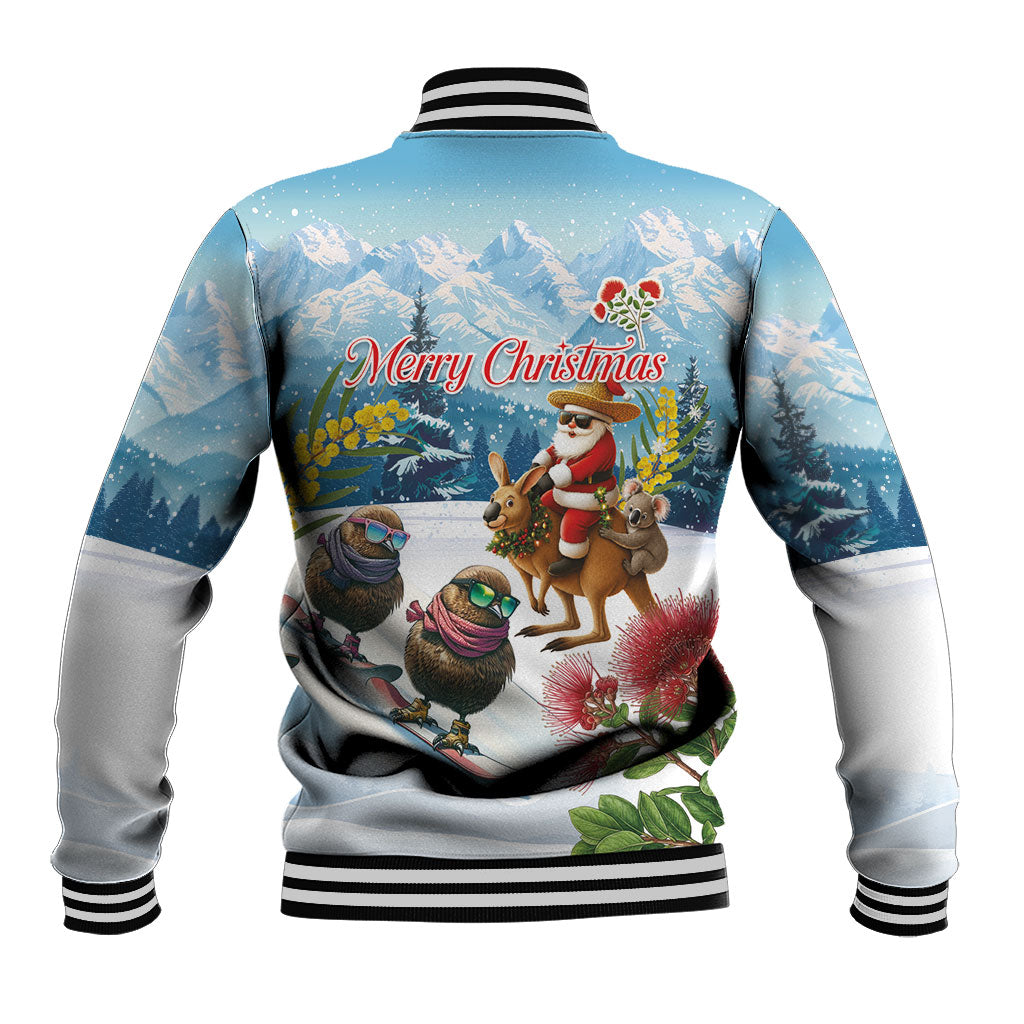 New Zealand and Australia Merry Christmas Baseball Jacket Kiwi Birds Skiing and Koala Santa Riding Kangaroo LT03 - Polynesian Pride