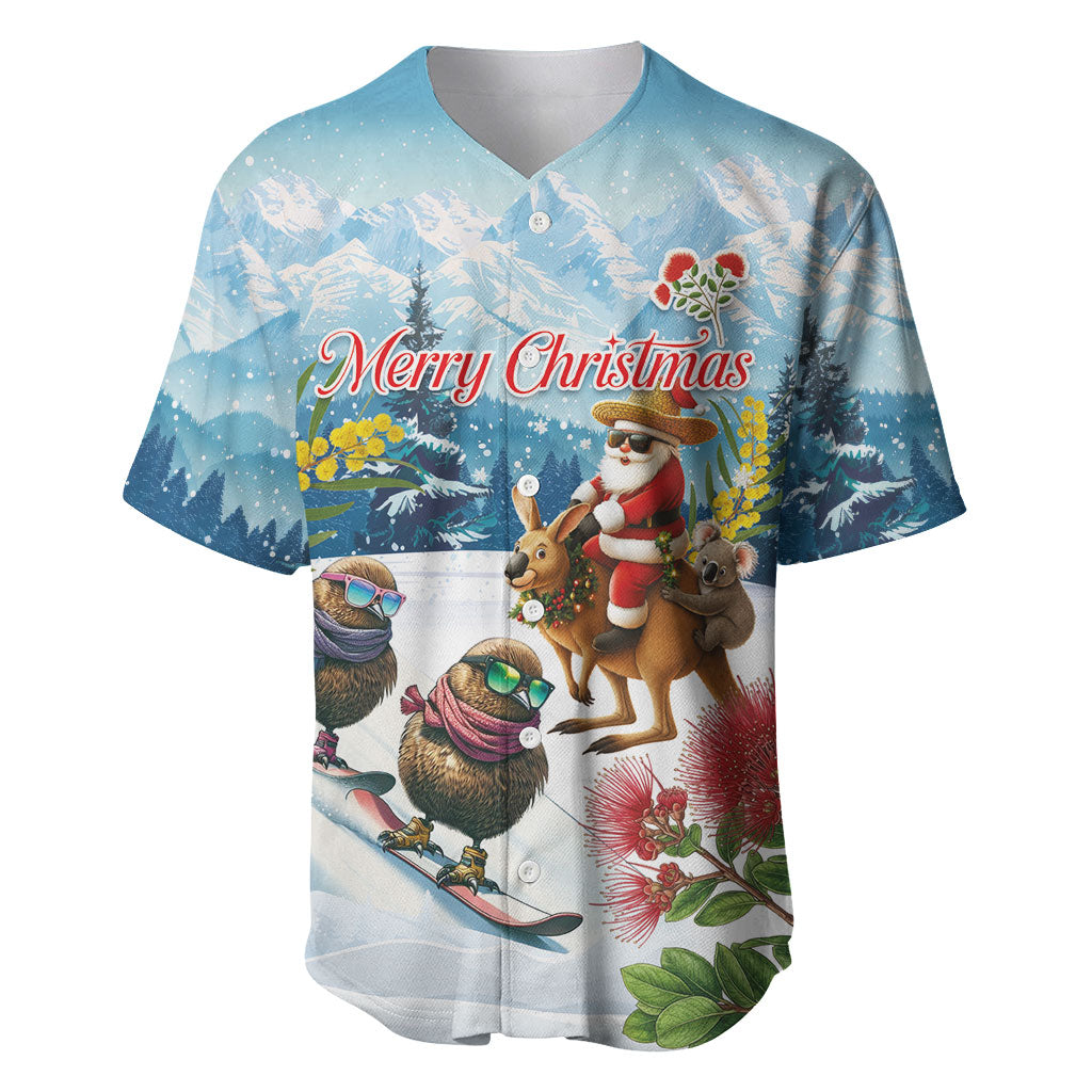New Zealand and Australia Merry Christmas Baseball Jersey Kiwi Birds Skiing and Koala Santa Riding Kangaroo LT03 Multicolor - Polynesian Pride