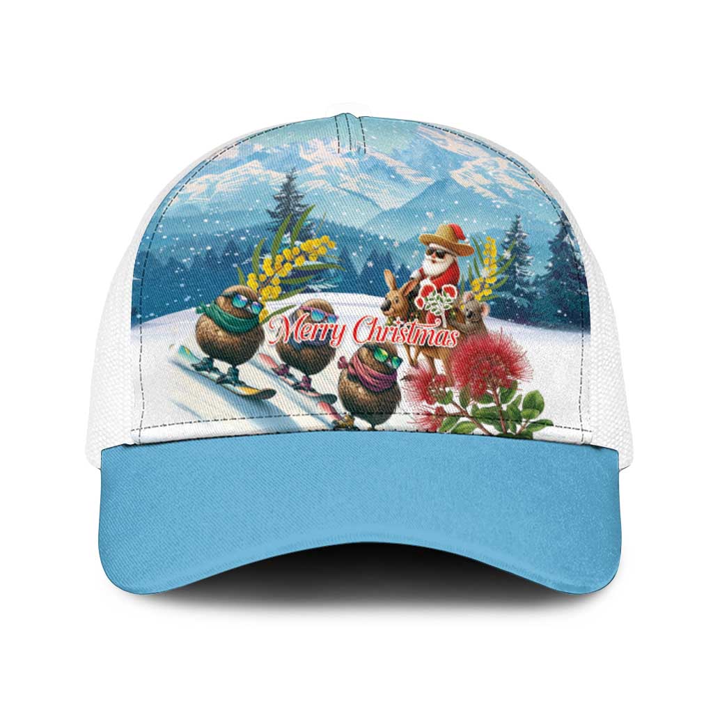New Zealand and Australia Merry Christmas Baseball Net Cap Kiwi Birds Skiing and Santa Riding Kangaroo with Koala LT03 One Size White Multicolor - Polynesian Pride