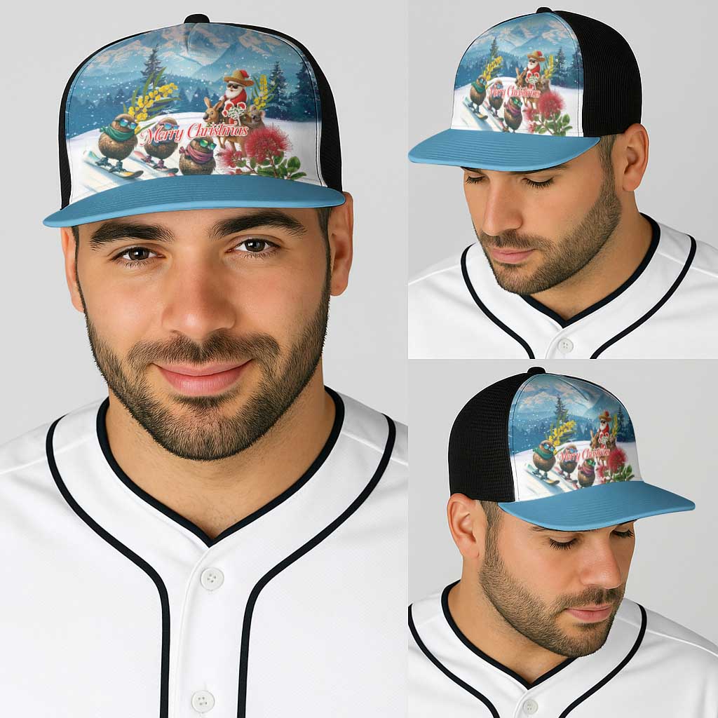 New Zealand and Australia Merry Christmas Baseball Net Cap Kiwi Birds Skiing and Santa Riding Kangaroo with Koala LT03 - Polynesian Pride