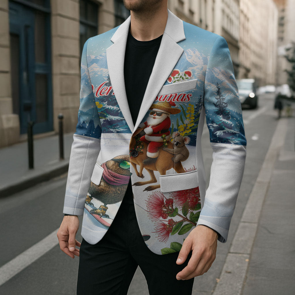New Zealand and Australia Merry Christmas Blazer Kiwi Birds Skiing and Koala Santa Riding Kangaroo LT03 - Polynesian Pride