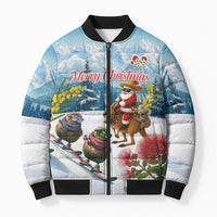 New Zealand and Australia Merry Christmas Bomber Puffer Jacket Kiwi Birds Skiing and Koala Santa Riding Kangaroo LT03 Unisex Multicolor - Polynesian Pride