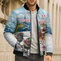 New Zealand and Australia Merry Christmas Bomber Puffer Jacket Kiwi Birds Skiing and Koala Santa Riding Kangaroo LT03 - Polynesian Pride