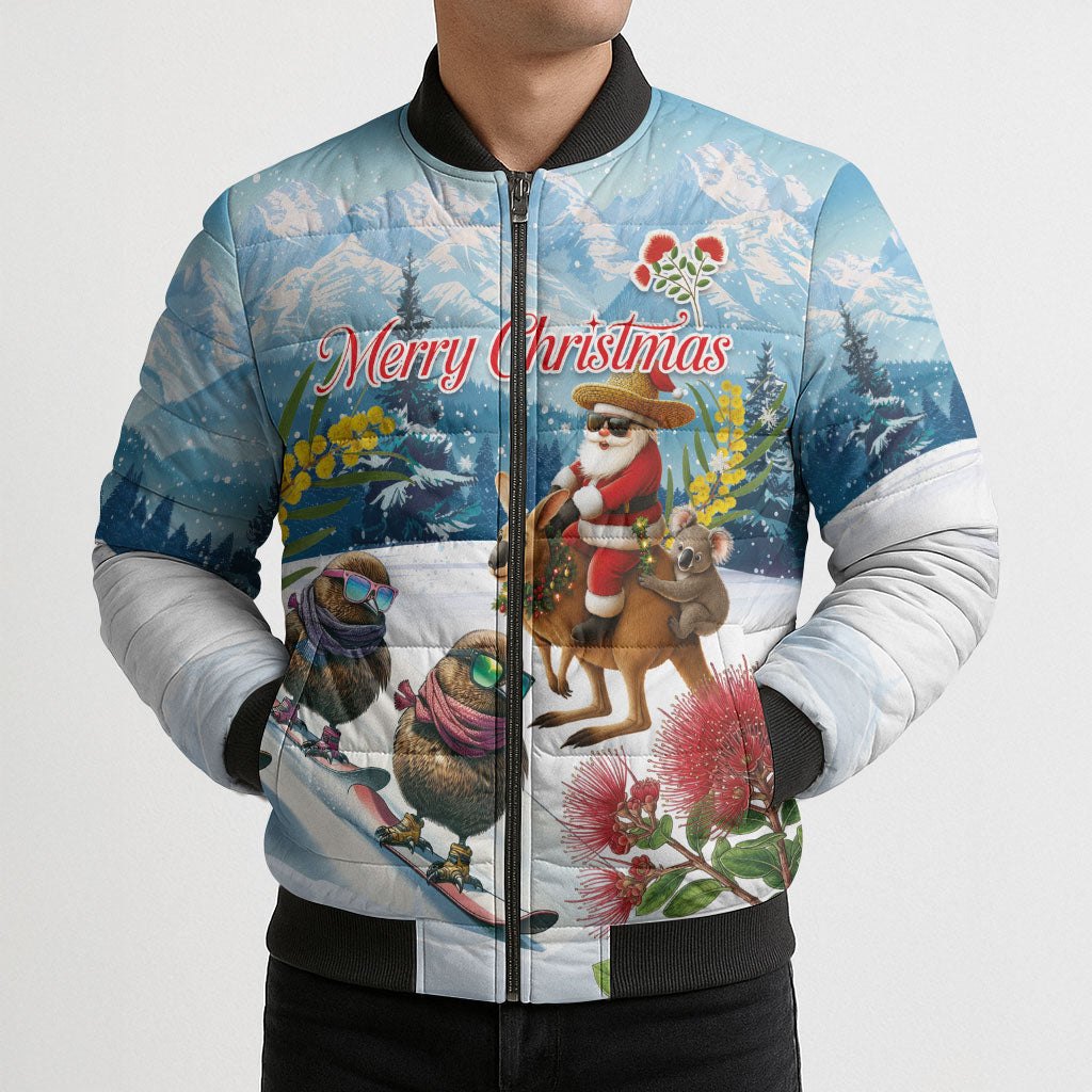 New Zealand and Australia Merry Christmas Bomber Puffer Jacket Kiwi Birds Skiing and Koala Santa Riding Kangaroo LT03 - Polynesian Pride