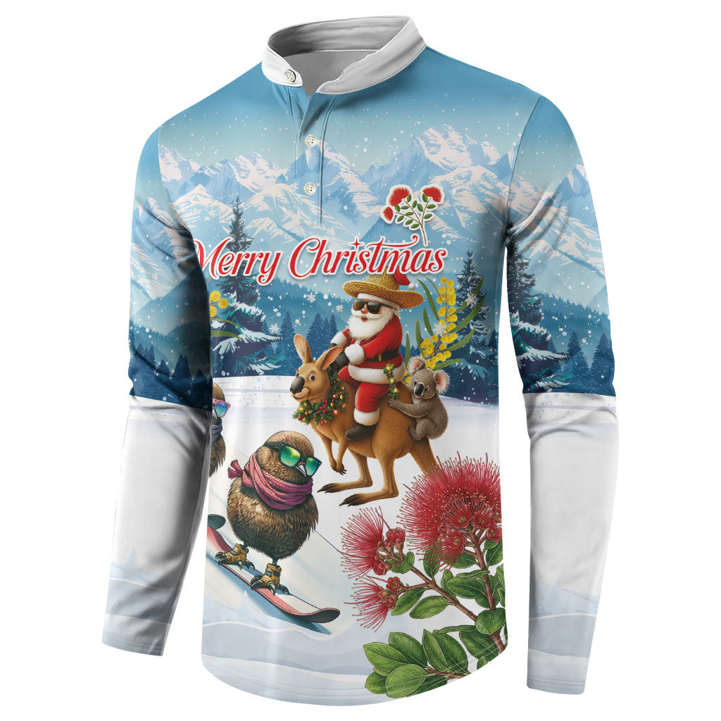 New Zealand and Australia Merry Christmas Button Sweatshirt Kiwi Birds Skiing and Koala Santa Riding Kangaroo LT03 - Polynesian Pride