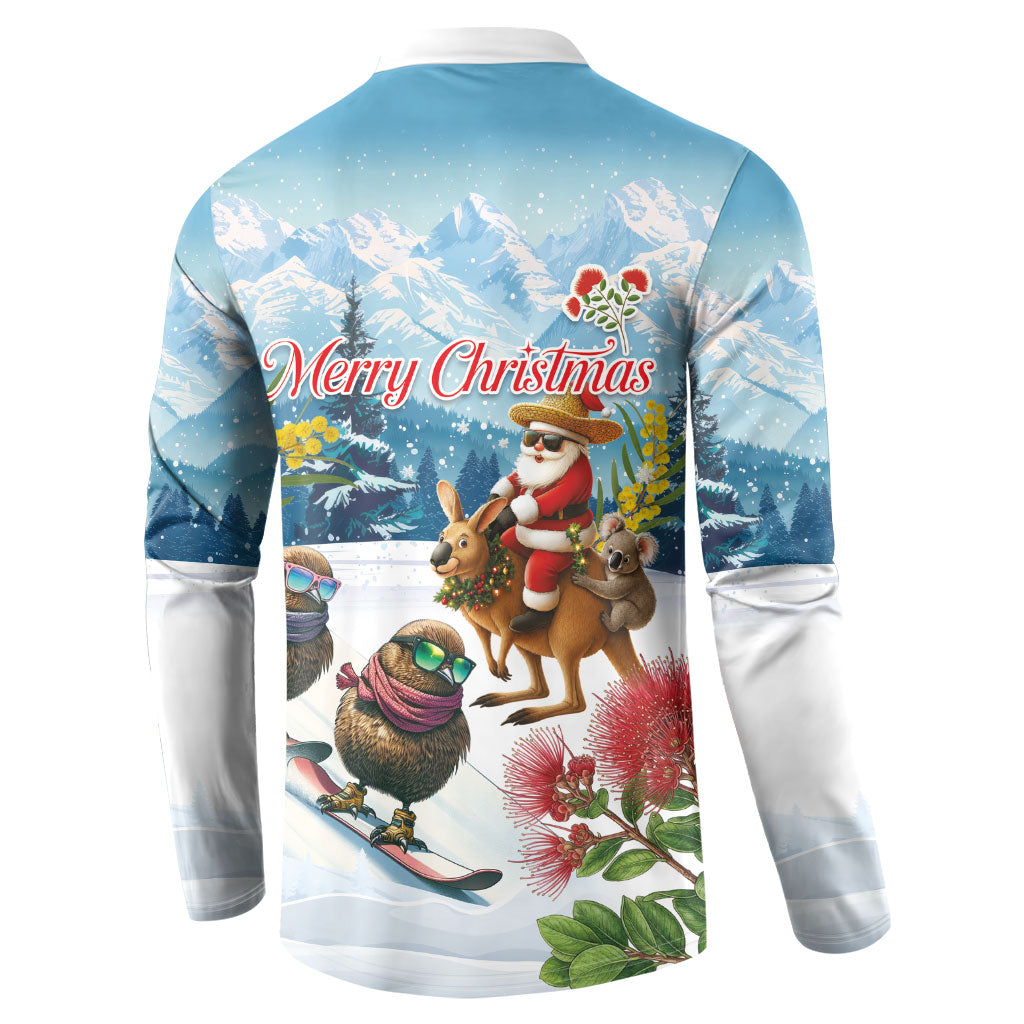 New Zealand and Australia Merry Christmas Button Sweatshirt Kiwi Birds Skiing and Koala Santa Riding Kangaroo LT03 - Polynesian Pride