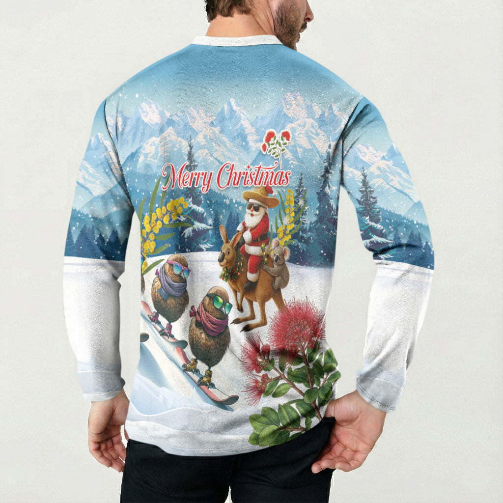 New Zealand and Australia Merry Christmas Button Sweatshirt Kiwi Birds Skiing and Koala Santa Riding Kangaroo LT03 - Polynesian Pride