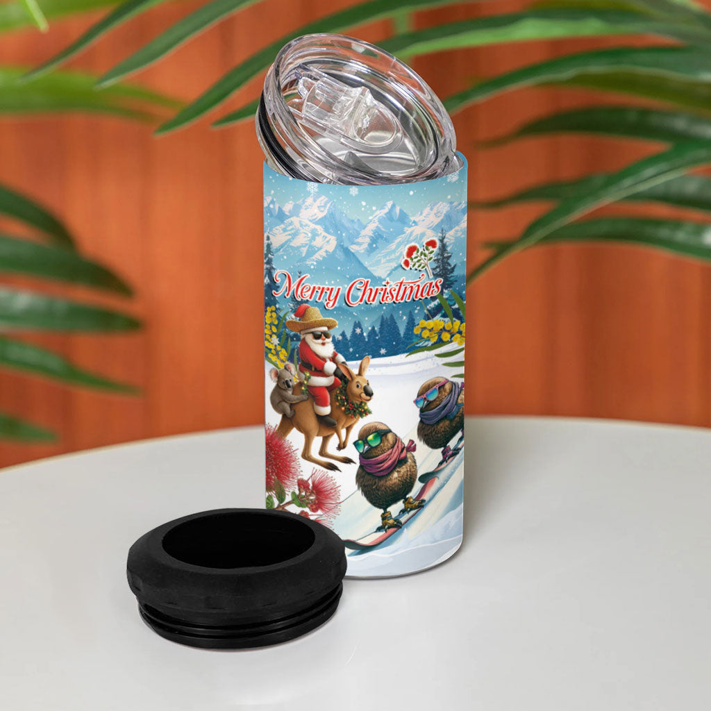 New Zealand and Australia Merry Christmas 4 in 1 Can Cooler Tumbler Kiwi Birds Skiing and Koala Santa Riding Kangaroo LT03 - Polynesian Pride