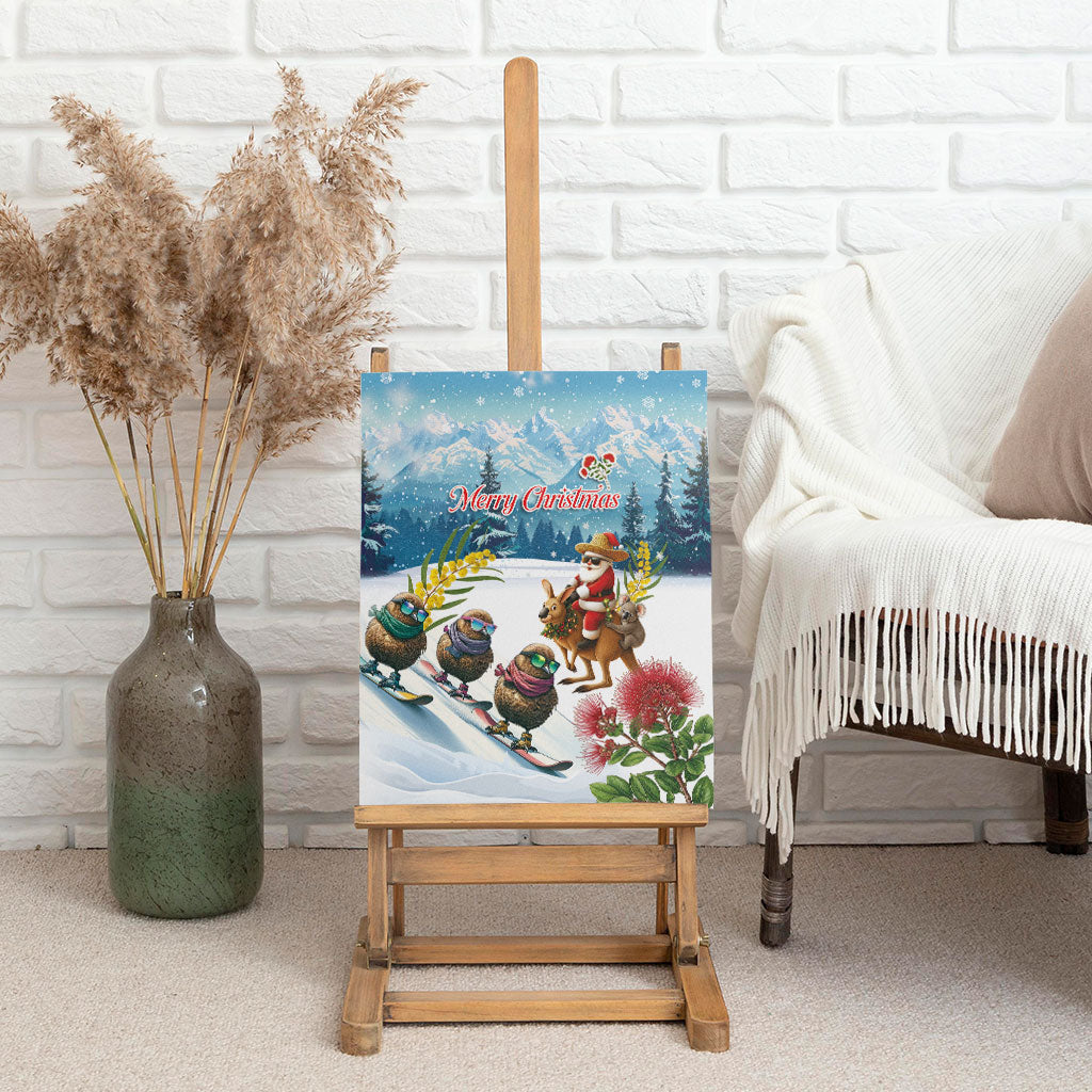 New Zealand and Australia Merry Christmas Canvas Wall Art Kiwi Birds Skiing and Koala Santa Riding Kangaroo LT03 - Polynesian Pride