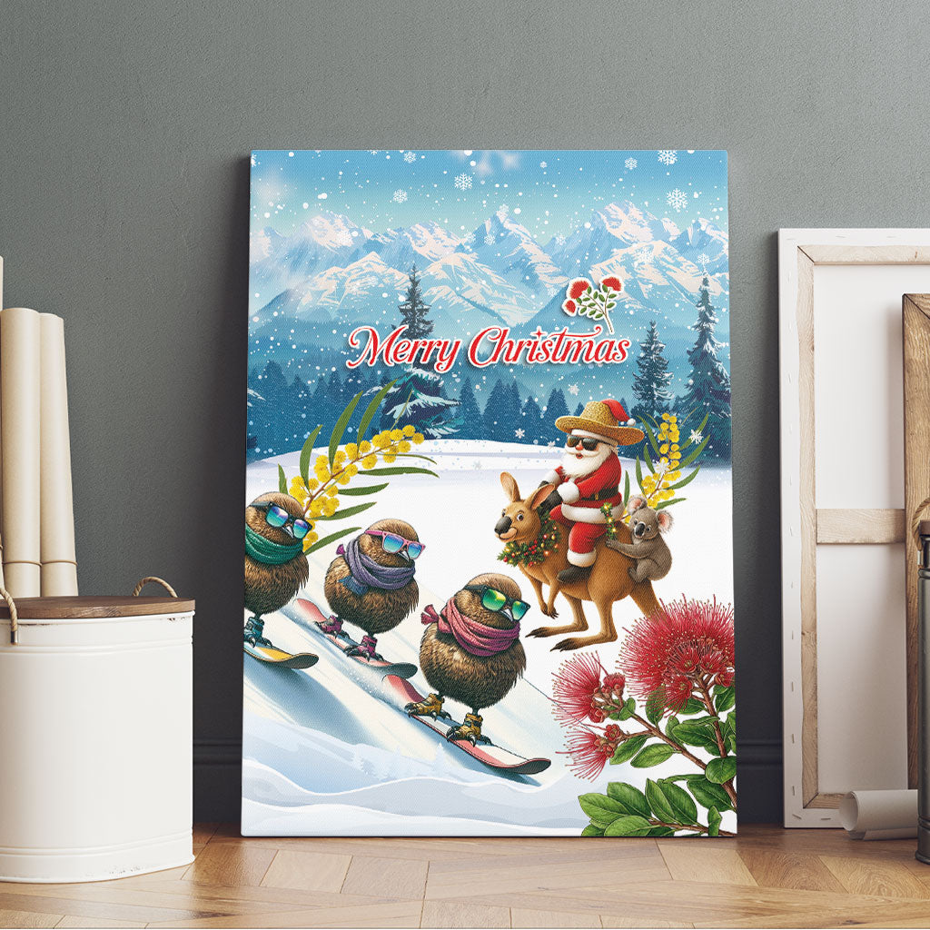 New Zealand and Australia Merry Christmas Canvas Wall Art Kiwi Birds Skiing and Koala Santa Riding Kangaroo LT03 - Polynesian Pride