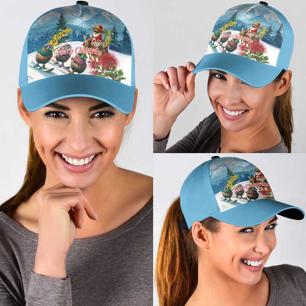 New Zealand and Australia Merry Christmas Classic Cap Kiwi Birds Skiing and Santa Riding Kangaroo with Koala LT03 - Polynesian Pride