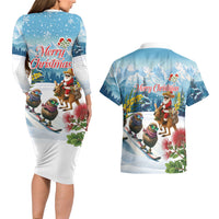 New Zealand and Australia Merry Christmas Couples Matching Long Sleeve Bodycon Dress and Hawaiian Shirt Kiwi Birds Skiing and Koala Santa Riding Kangaroo LT03 - Polynesian Pride