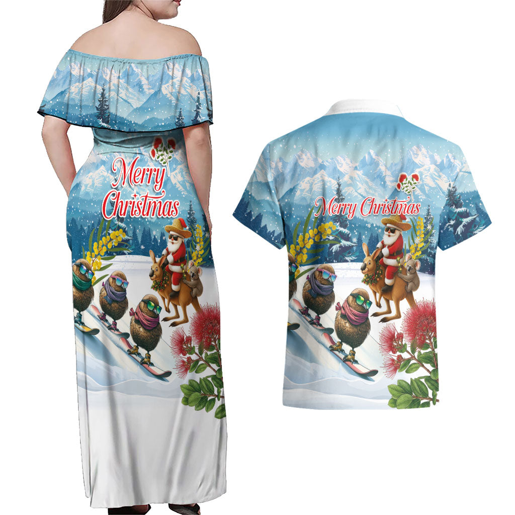 New Zealand and Australia Merry Christmas Couples Matching Off Shoulder Maxi Dress and Hawaiian Shirt Kiwi Birds Skiing and Koala Santa Riding Kangaroo LT03 - Polynesian Pride