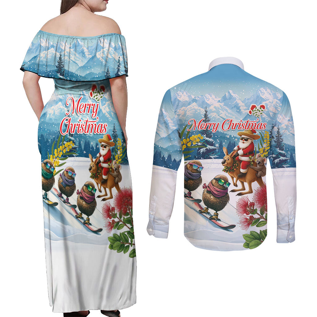 New Zealand and Australia Merry Christmas Couples Matching Off Shoulder Maxi Dress and Long Sleeve Button Shirt Kiwi Birds Skiing and Koala Santa Riding Kangaroo LT03 - Polynesian Pride