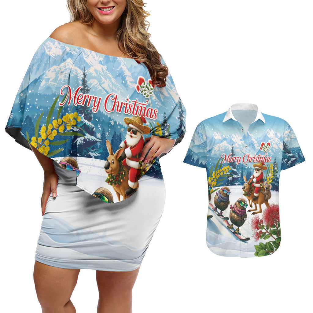 New Zealand and Australia Merry Christmas Couples Matching Off Shoulder Short Dress and Hawaiian Shirt Kiwi Birds Skiing and Koala Santa Riding Kangaroo LT03 Multicolor - Polynesian Pride