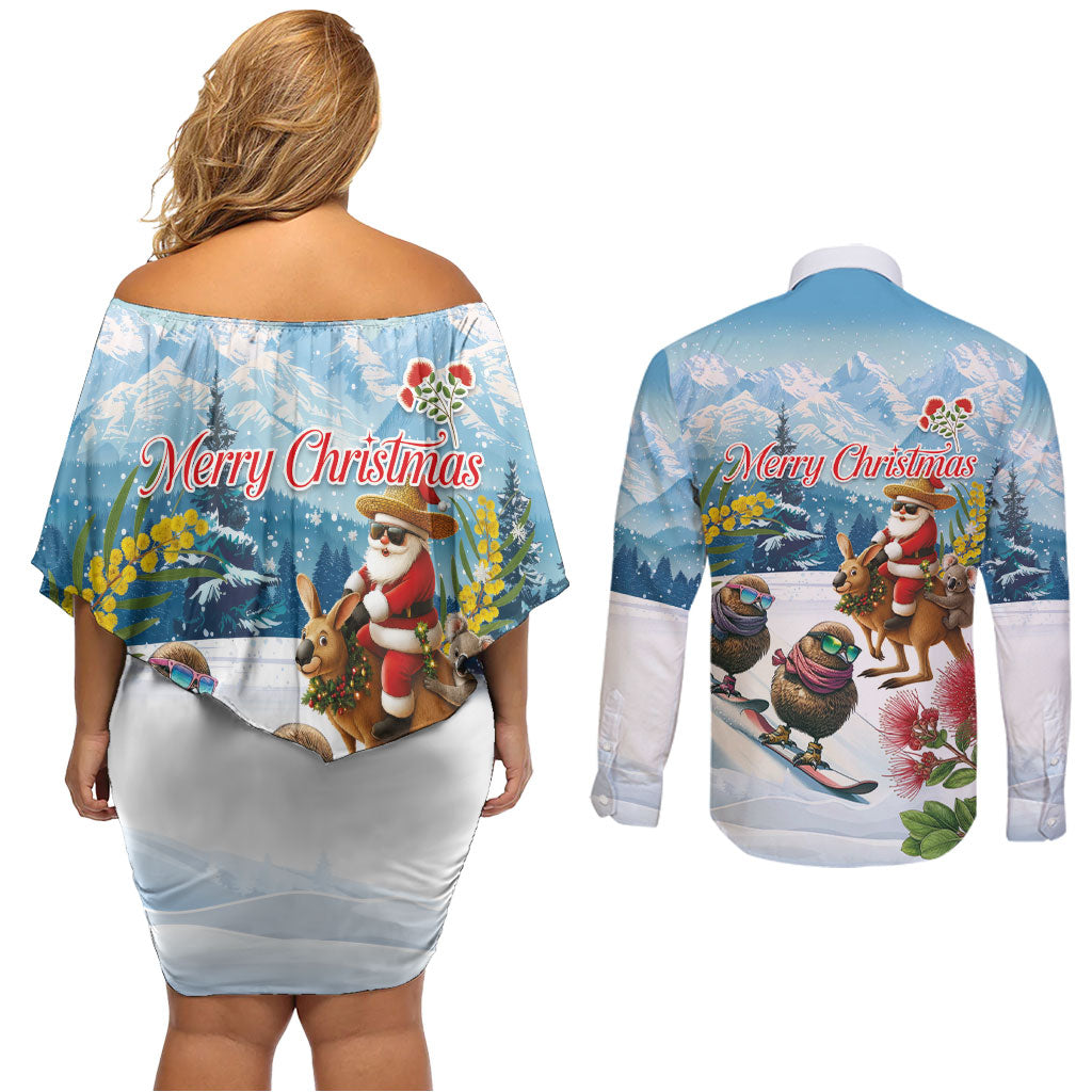 New Zealand and Australia Merry Christmas Couples Matching Off Shoulder Short Dress and Long Sleeve Button Shirt Kiwi Birds Skiing and Koala Santa Riding Kangaroo LT03 - Polynesian Pride