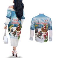 New Zealand and Australia Merry Christmas Couples Matching Off The Shoulder Long Sleeve Dress and Long Sleeve Button Shirt Kiwi Birds Skiing and Koala Santa Riding Kangaroo LT03 - Polynesian Pride