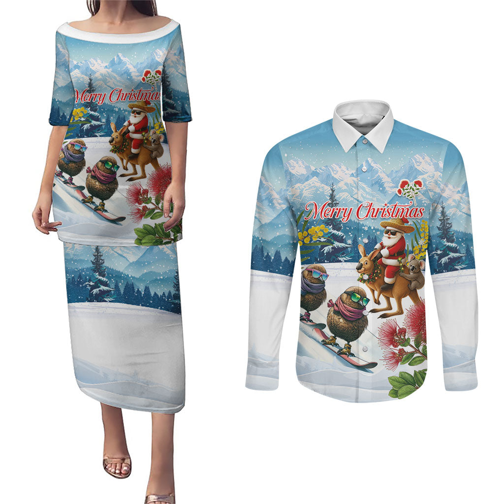 New Zealand and Australia Merry Christmas Couples Matching Puletasi and Long Sleeve Button Shirt Kiwi Birds Skiing and Koala Santa Riding Kangaroo