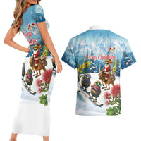 New Zealand and Australia Merry Christmas Couples Matching Short Sleeve Bodycon Dress and Hawaiian Shirt Kiwi Birds Skiing and Koala Santa Riding Kangaroo LT03 - Polynesian Pride