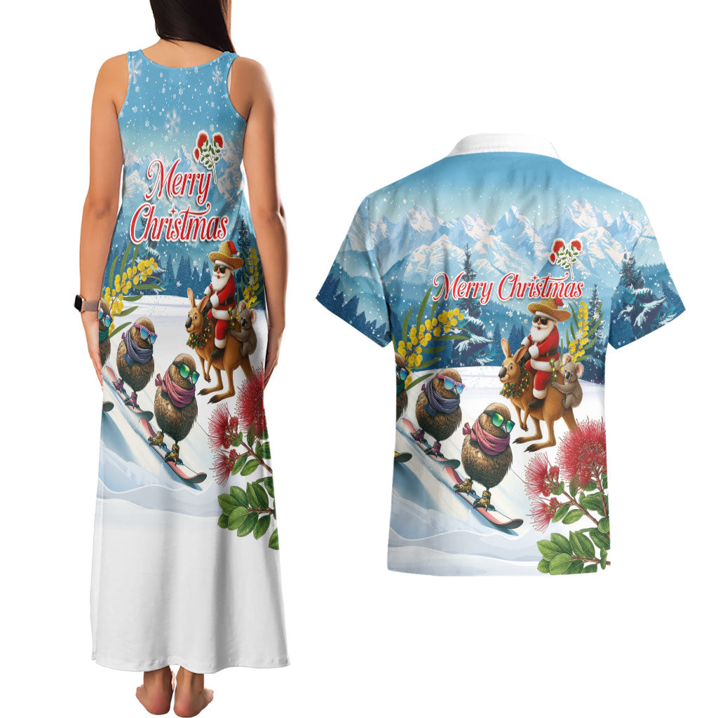 New Zealand and Australia Merry Christmas Couples Matching Tank Maxi Dress and Hawaiian Shirt Kiwi Birds Skiing and Koala Santa Riding Kangaroo LT03 - Polynesian Pride
