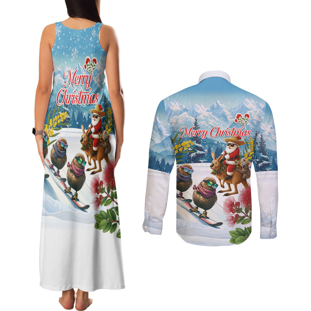 New Zealand and Australia Merry Christmas Couples Matching Tank Maxi Dress and Long Sleeve Button Shirt Kiwi Birds Skiing and Koala Santa Riding Kangaroo LT03 - Polynesian Pride