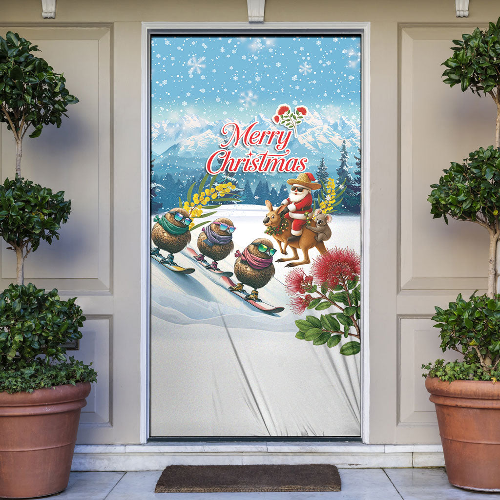 New Zealand and Australia Merry Christmas Door Cover Kiwi Birds Skiing and Koala Santa Riding Kangaroo LT03 Multicolor - Polynesian Pride