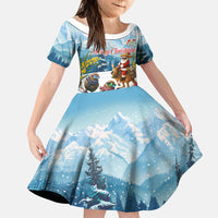 New Zealand and Australia Merry Christmas Family Matching Long Sleeve Bodycon Dress and Hawaiian Shirt Kiwi Birds Skiing and Koala Santa Riding Kangaroo LT03 Daughter's Dress Multicolor - Polynesian Pride