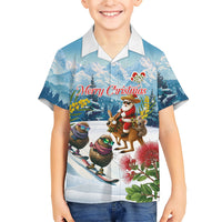 New Zealand and Australia Merry Christmas Family Matching Long Sleeve Bodycon Dress and Hawaiian Shirt Kiwi Birds Skiing and Koala Santa Riding Kangaroo LT03 Son's Shirt Multicolor - Polynesian Pride