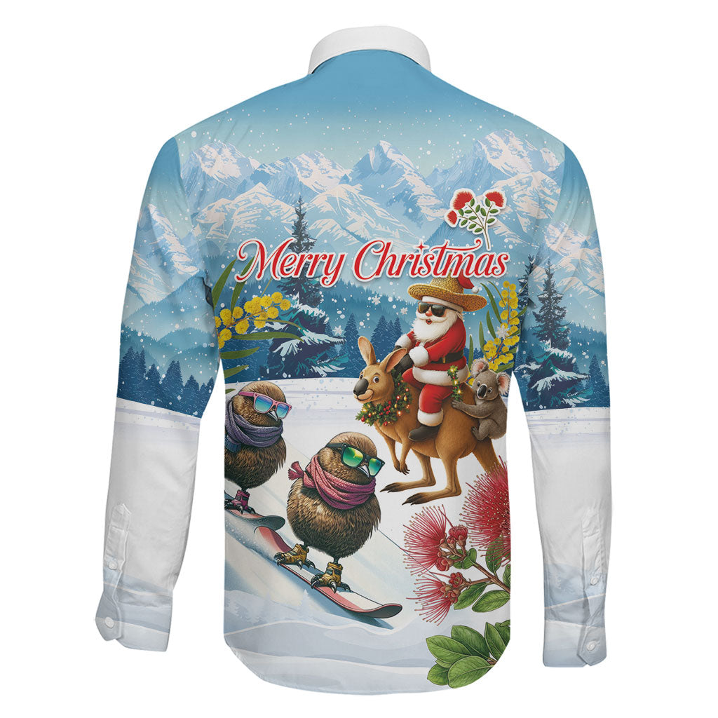 New Zealand and Australia Merry Christmas Family Matching Off The Shoulder Long Sleeve Dress and Hawaiian Shirt Kiwi Birds Skiing and Koala Santa Riding Kangaroo LT03 - Polynesian Pride