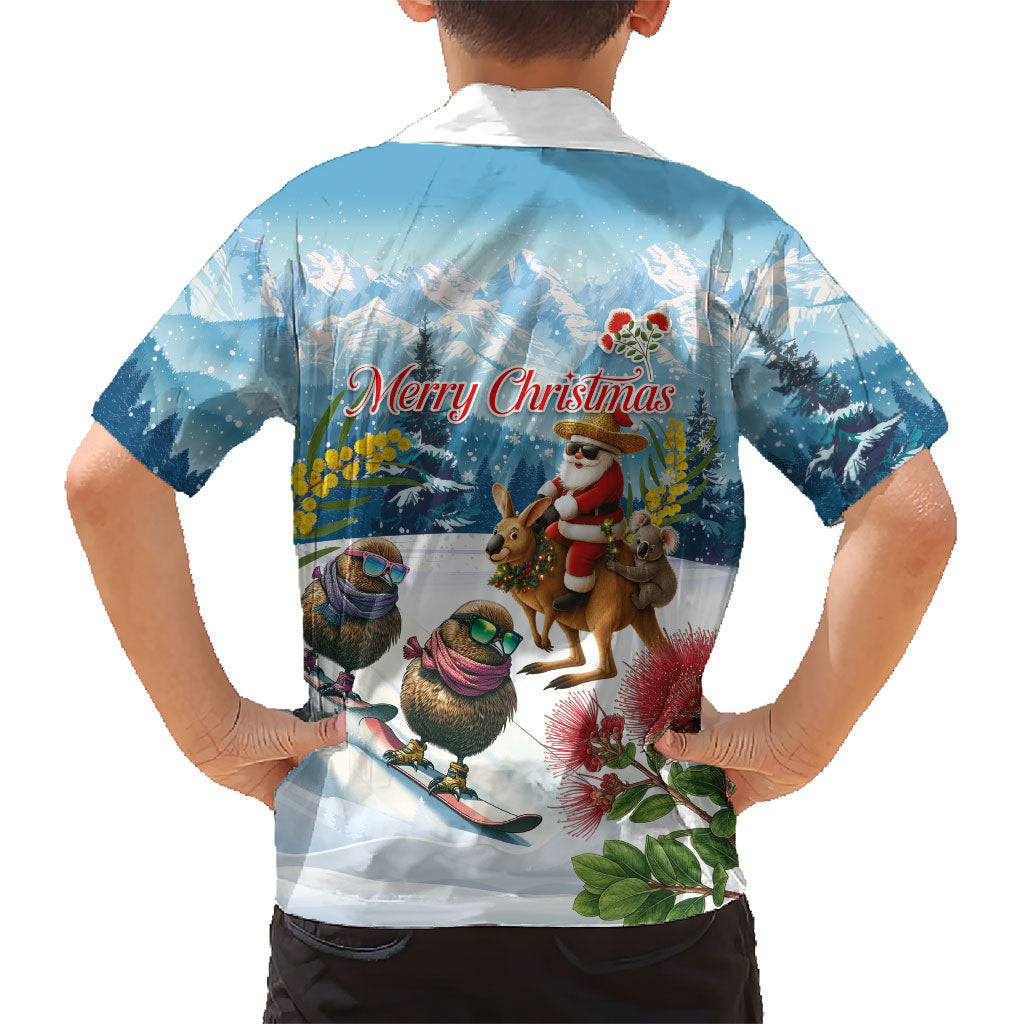 New Zealand and Australia Merry Christmas Family Matching Off Shoulder Short Dress and Hawaiian Shirt Kiwi Birds Skiing and Koala Santa Riding Kangaroo LT03 - Polynesian Pride