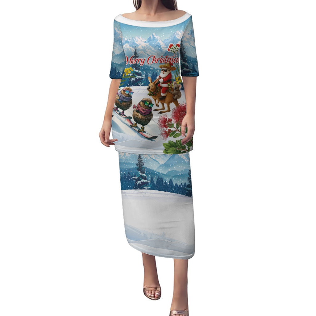 New Zealand and Australia Merry Christmas Family Matching Puletasi and Hawaiian Shirt Kiwi Birds Skiing and Koala Santa Riding Kangaroo LT03 Mom's Dress Multicolor - Polynesian Pride