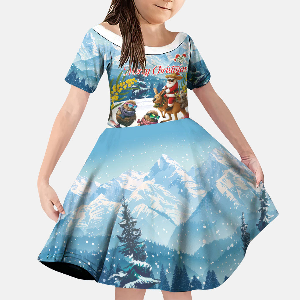 New Zealand and Australia Merry Christmas Family Matching Tank Maxi Dress and Hawaiian Shirt Kiwi Birds Skiing and Koala Santa Riding Kangaroo LT03 Daughter's Dress Multicolor - Polynesian Pride