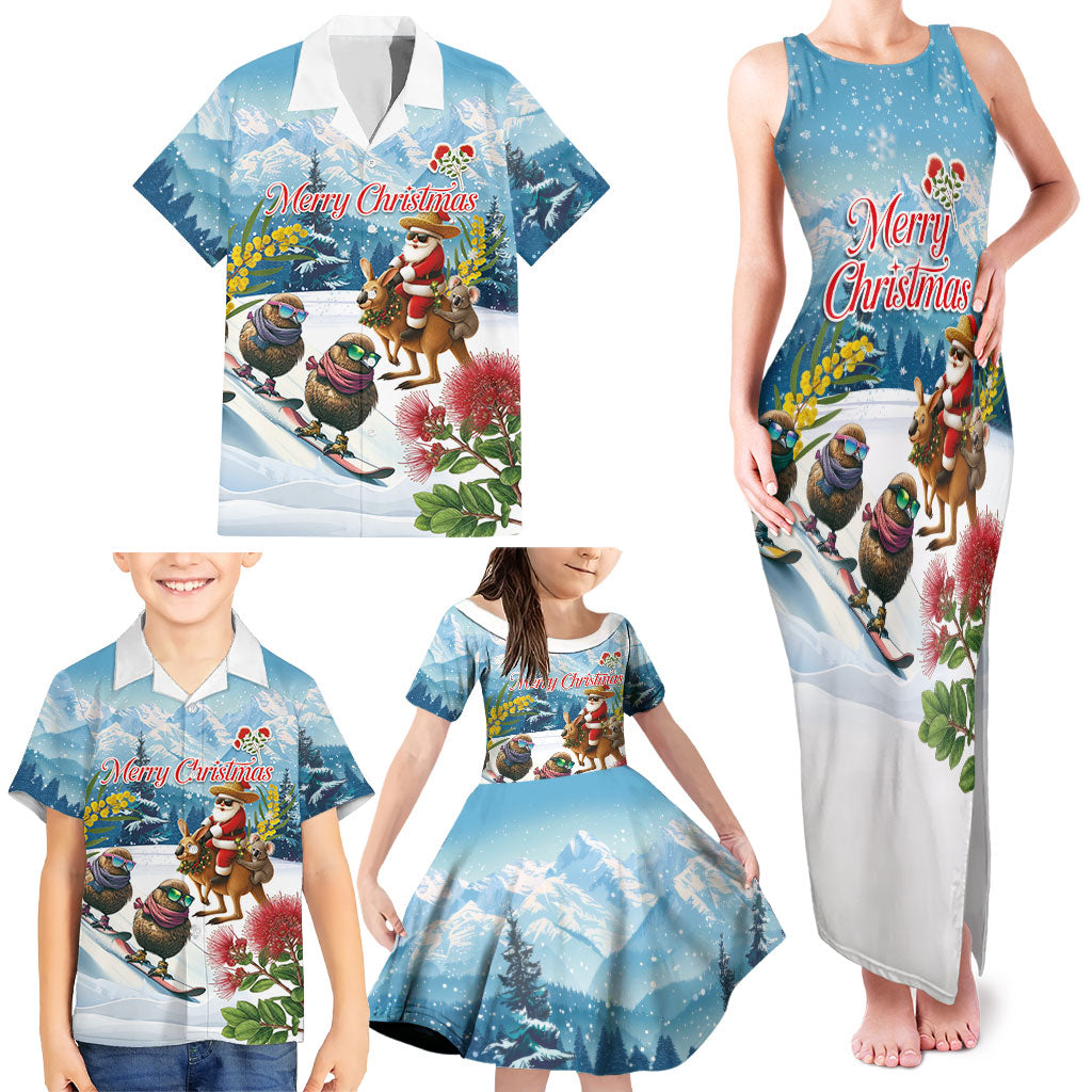 New Zealand and Australia Merry Christmas Family Matching Tank Maxi Dress and Hawaiian Shirt Kiwi Birds Skiing and Koala Santa Riding Kangaroo
