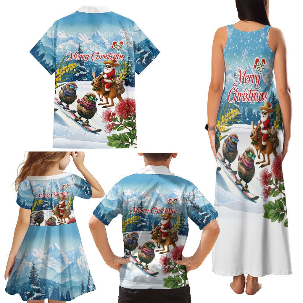 New Zealand and Australia Merry Christmas Family Matching Tank Maxi Dress and Hawaiian Shirt Kiwi Birds Skiing and Koala Santa Riding Kangaroo LT03 - Polynesian Pride