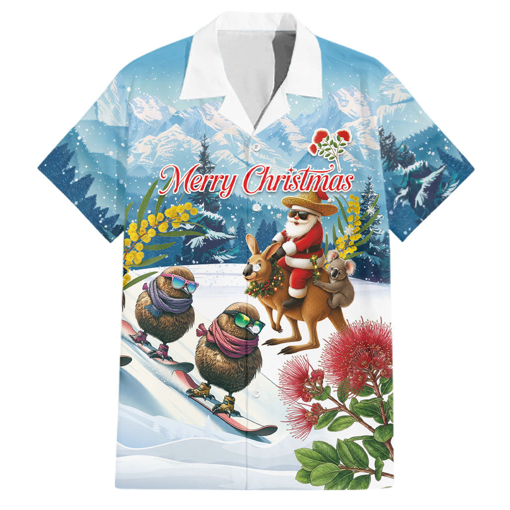 New Zealand and Australia Merry Christmas Family Matching Tank Maxi Dress and Hawaiian Shirt Kiwi Birds Skiing and Koala Santa Riding Kangaroo LT03 Dad's Shirt - Short Sleeve Multicolor - Polynesian Pride