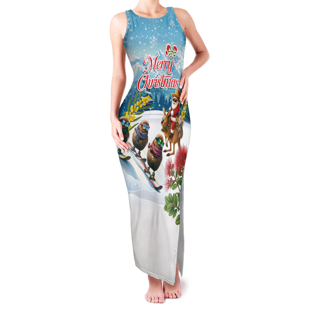 New Zealand and Australia Merry Christmas Family Matching Tank Maxi Dress and Hawaiian Shirt Kiwi Birds Skiing and Koala Santa Riding Kangaroo LT03 Mom's Dress Multicolor - Polynesian Pride
