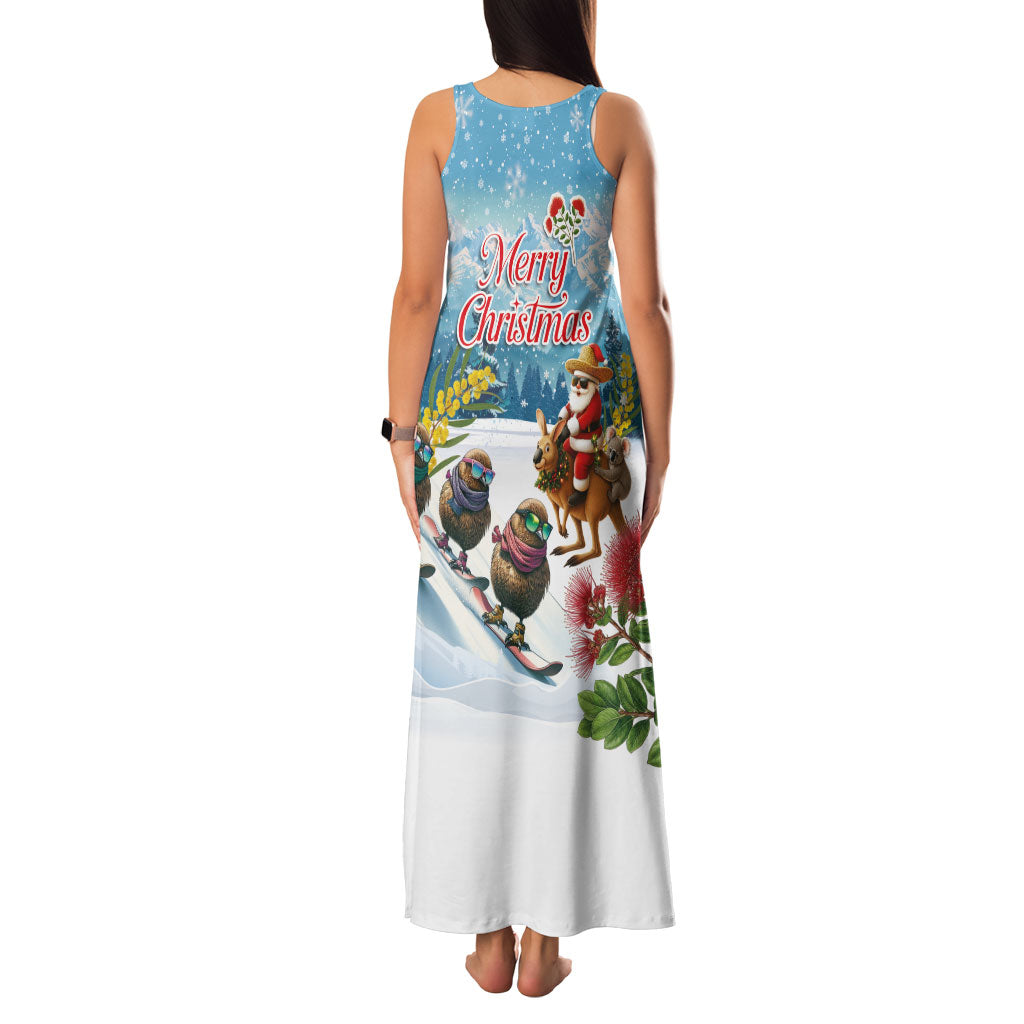 New Zealand and Australia Merry Christmas Family Matching Tank Maxi Dress and Hawaiian Shirt Kiwi Birds Skiing and Koala Santa Riding Kangaroo LT03 - Polynesian Pride