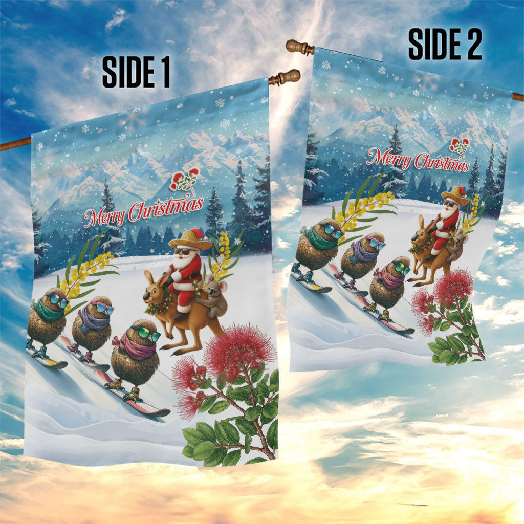 New Zealand and Australia Merry Christmas Garden Flag Kiwi Birds Skiing and Koala Santa Riding Kangaroo LT03 - Polynesian Pride